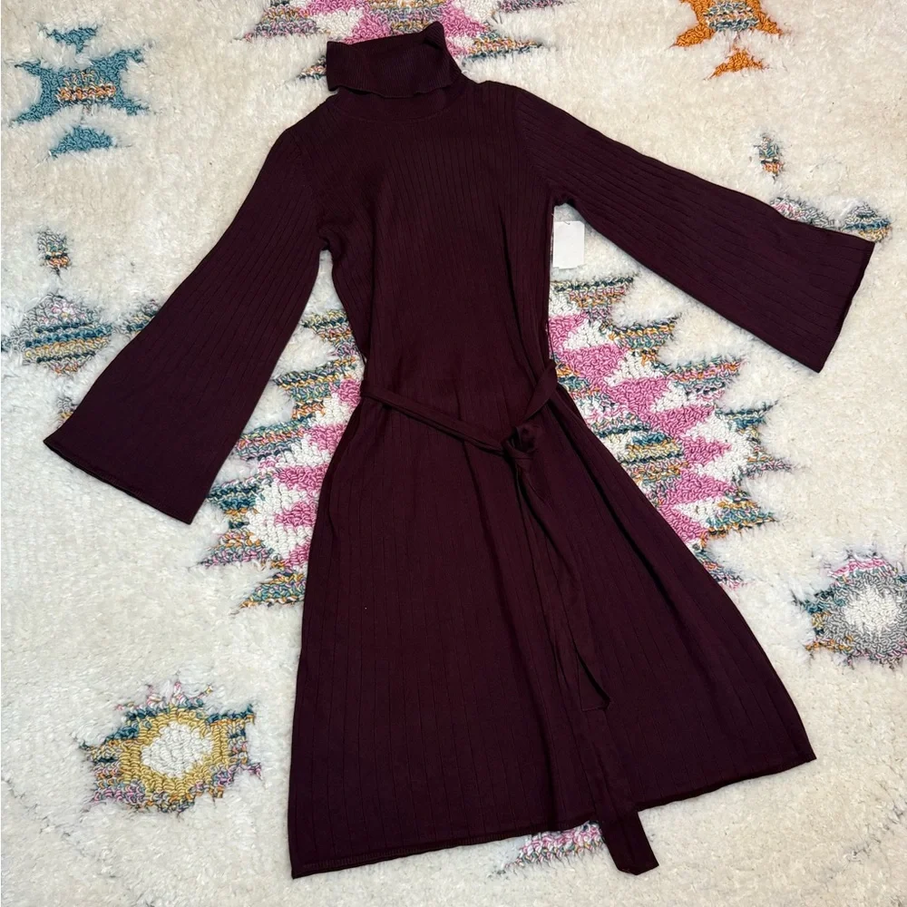JULIA JORDAN Turtleneck Long Sleeve Rib Midi Sweater Dress In Wine NWT - Picture 3 of 6